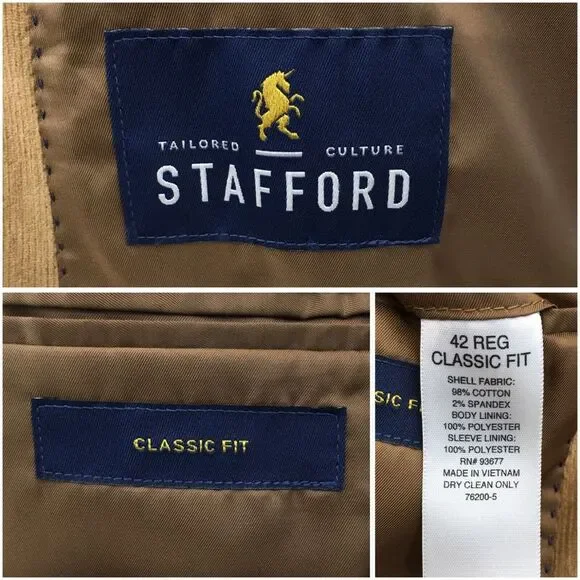 STAFFORD Mens‎ Corduroy Blazer Sport Coat Casual Jacket Size 42R Classic Suit